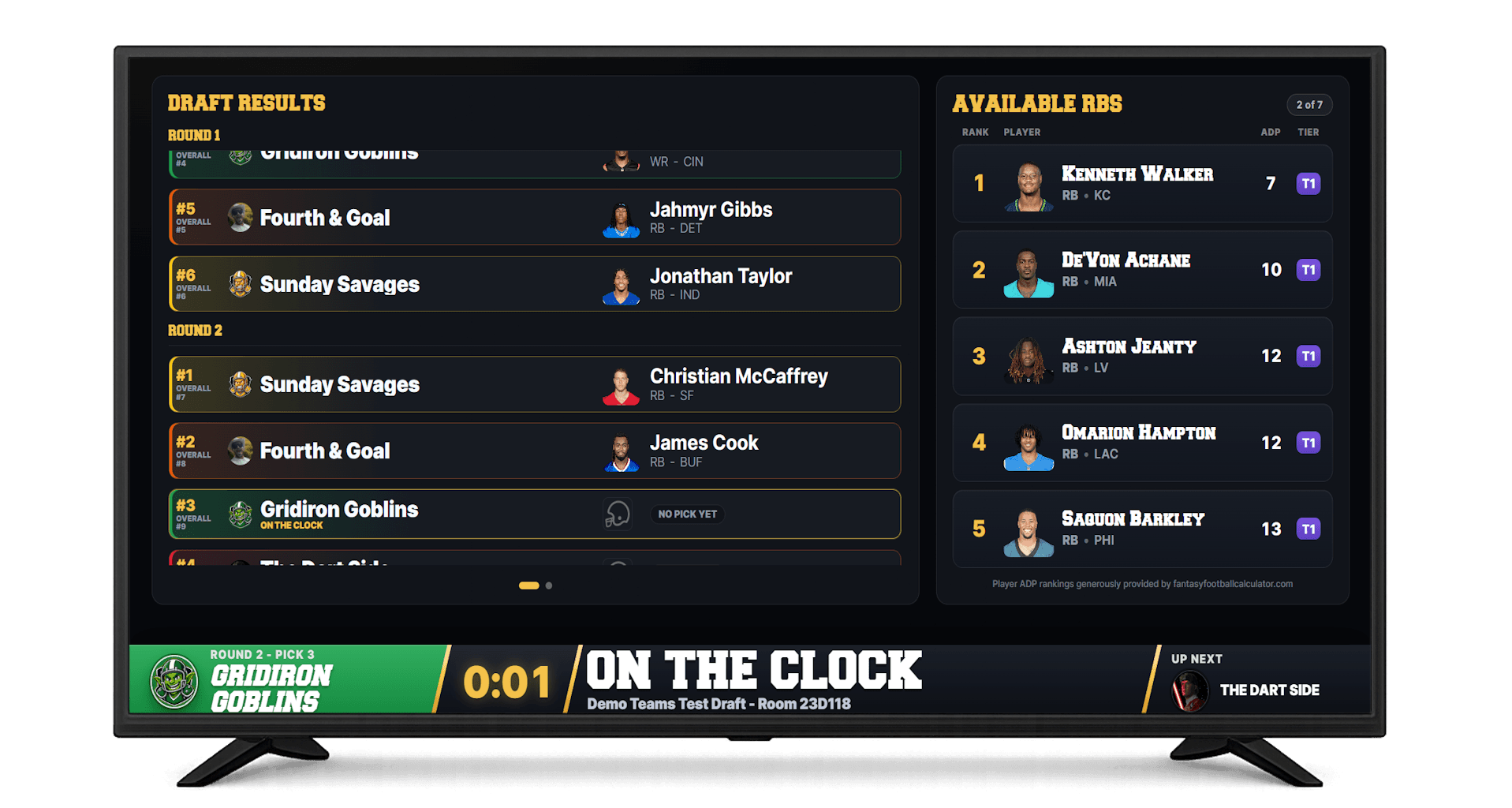 DRAFTNIGHT live TV draft board shown on a television — draft results, available players, and an on-the-clock broadcast bar