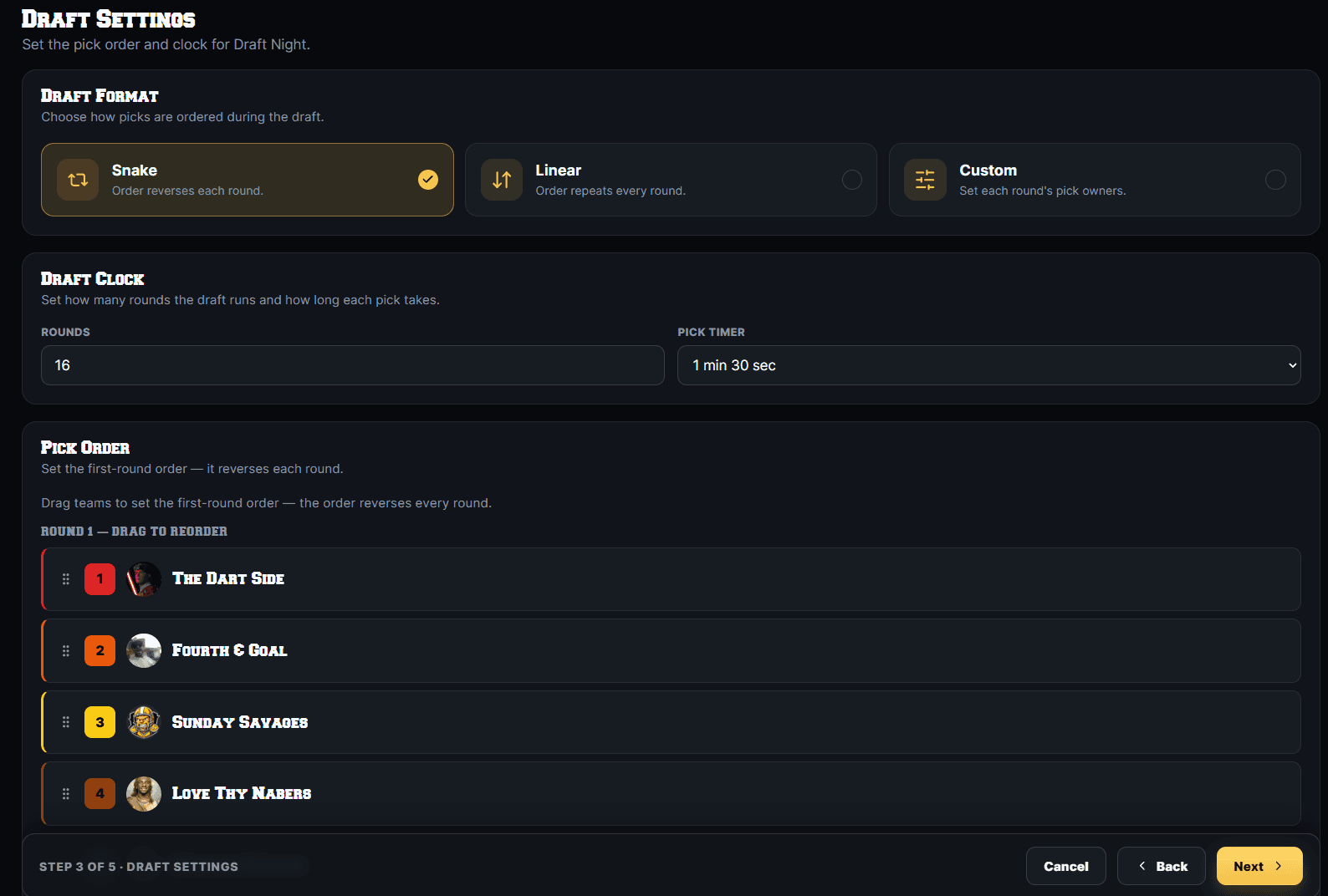 DRAFTNIGHT draft settings — snake, linear, or custom order, round count, pick clock, and draggable pick order