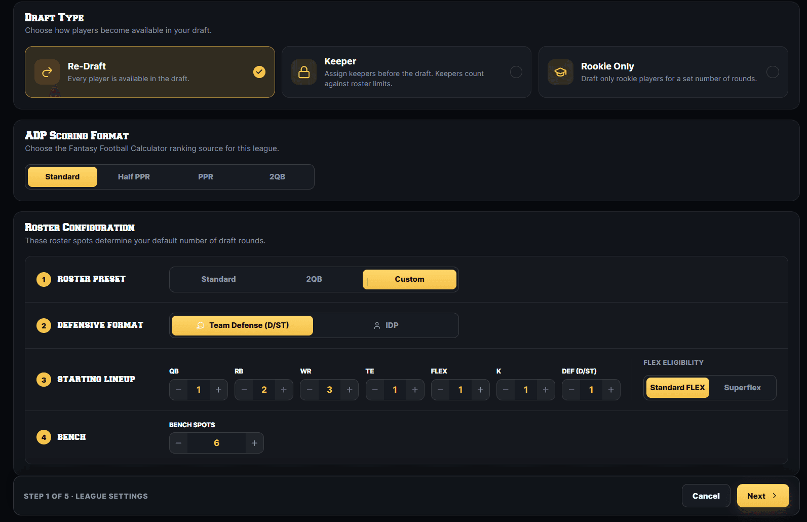 DRAFTNIGHT league settings — draft type (re-draft, keeper, rookie-only), ADP scoring format, and roster configuration