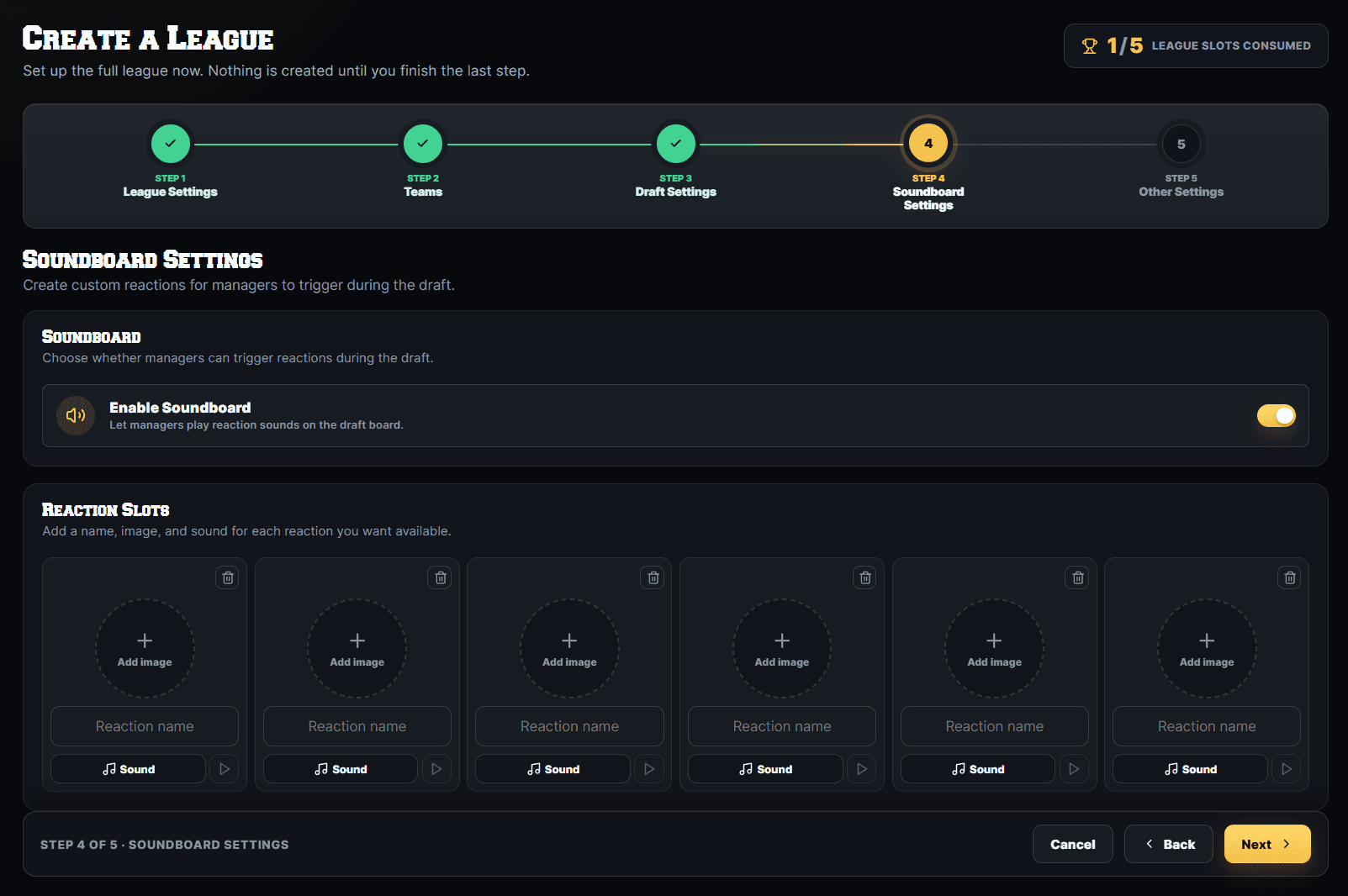 DRAFTNIGHT soundboard settings — custom reaction slots with name, image, and sound
