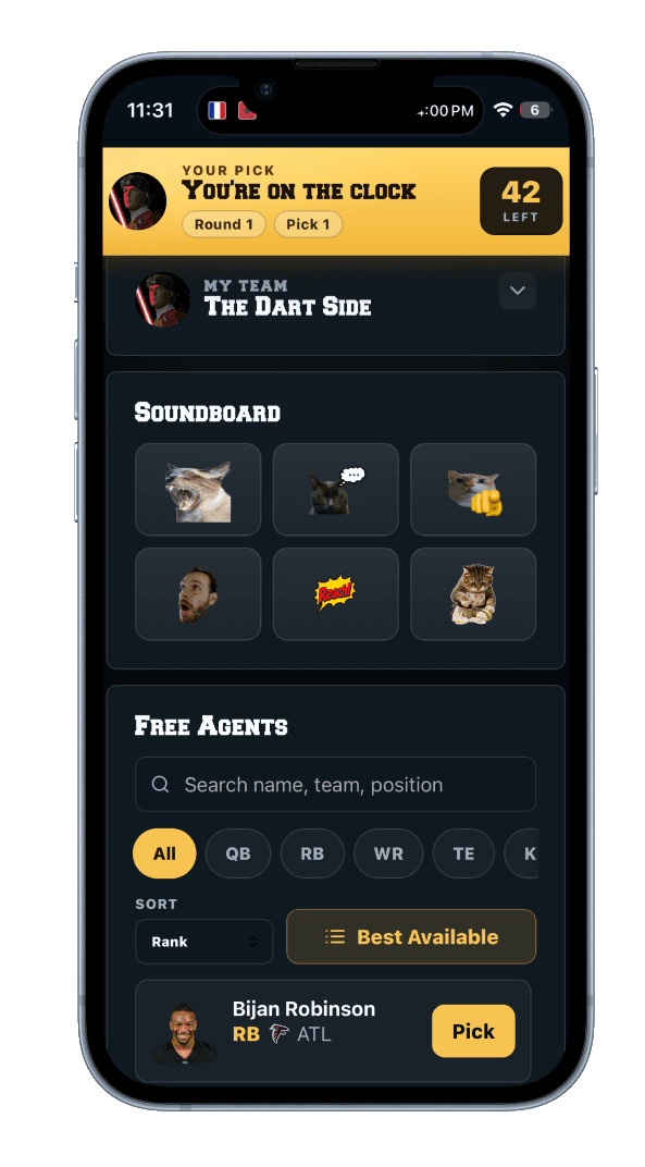 DRAFTNIGHT phone controller — you're on the clock with team, soundboard, and free-agent search
